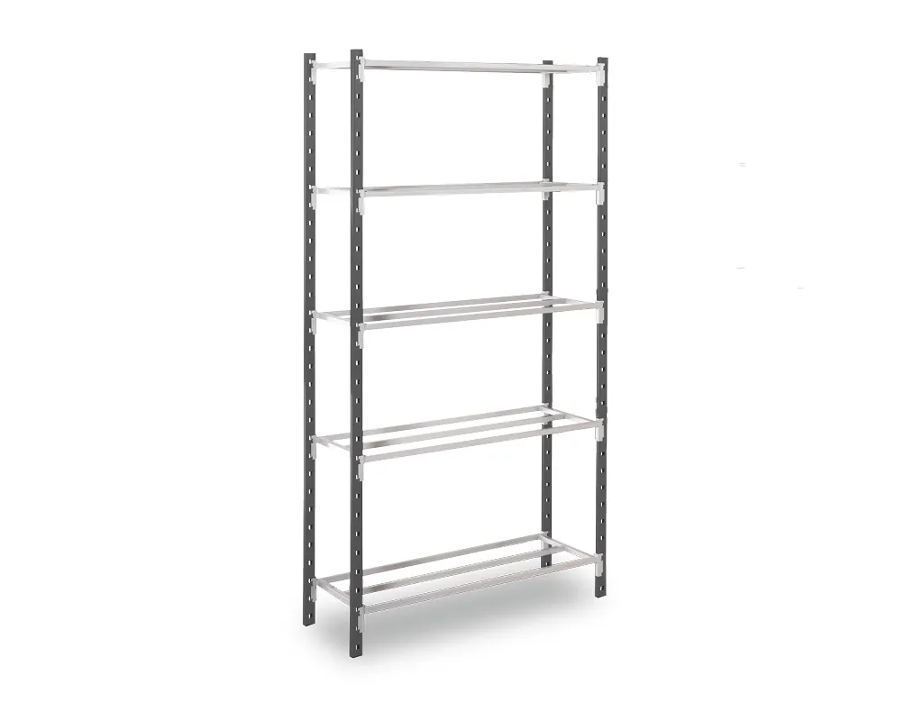 FLIP 5 niveaux poteaux gris RAL7024 tablettes tubulaires gris RAL7035.webp